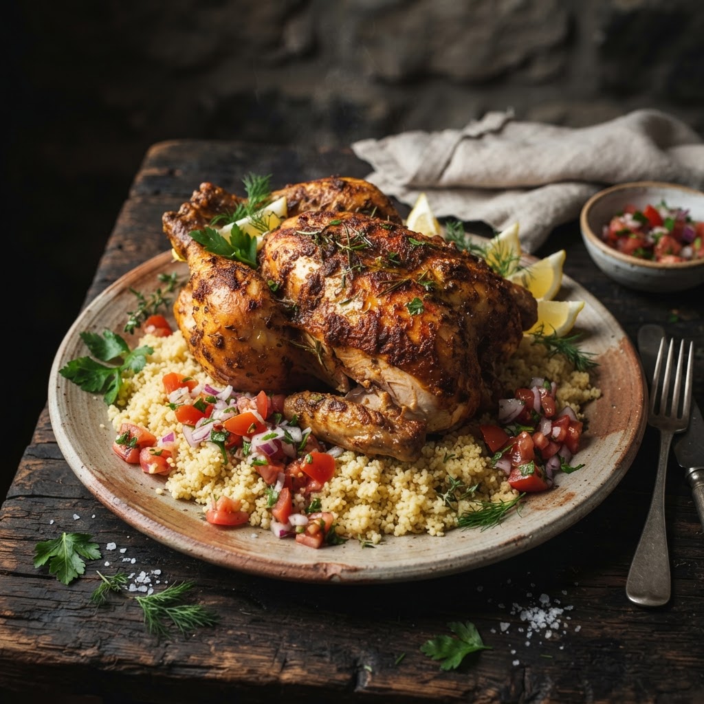 Golden crispy roasted chicken with African spice rub