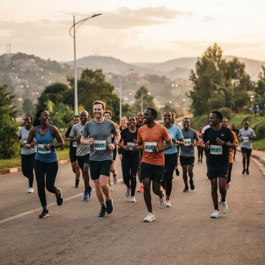 AFM Run Club community — diverse runners in Kigali