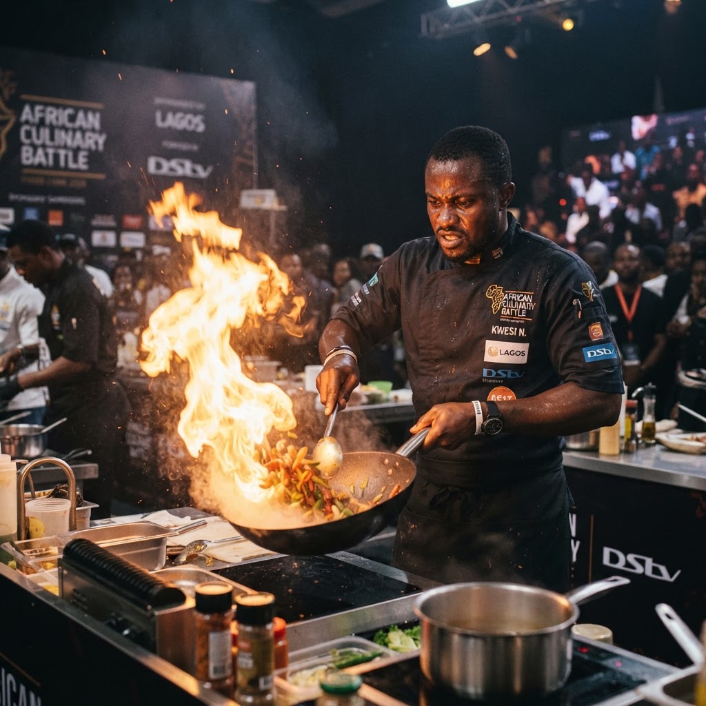Chefs competing in a live cooking battle