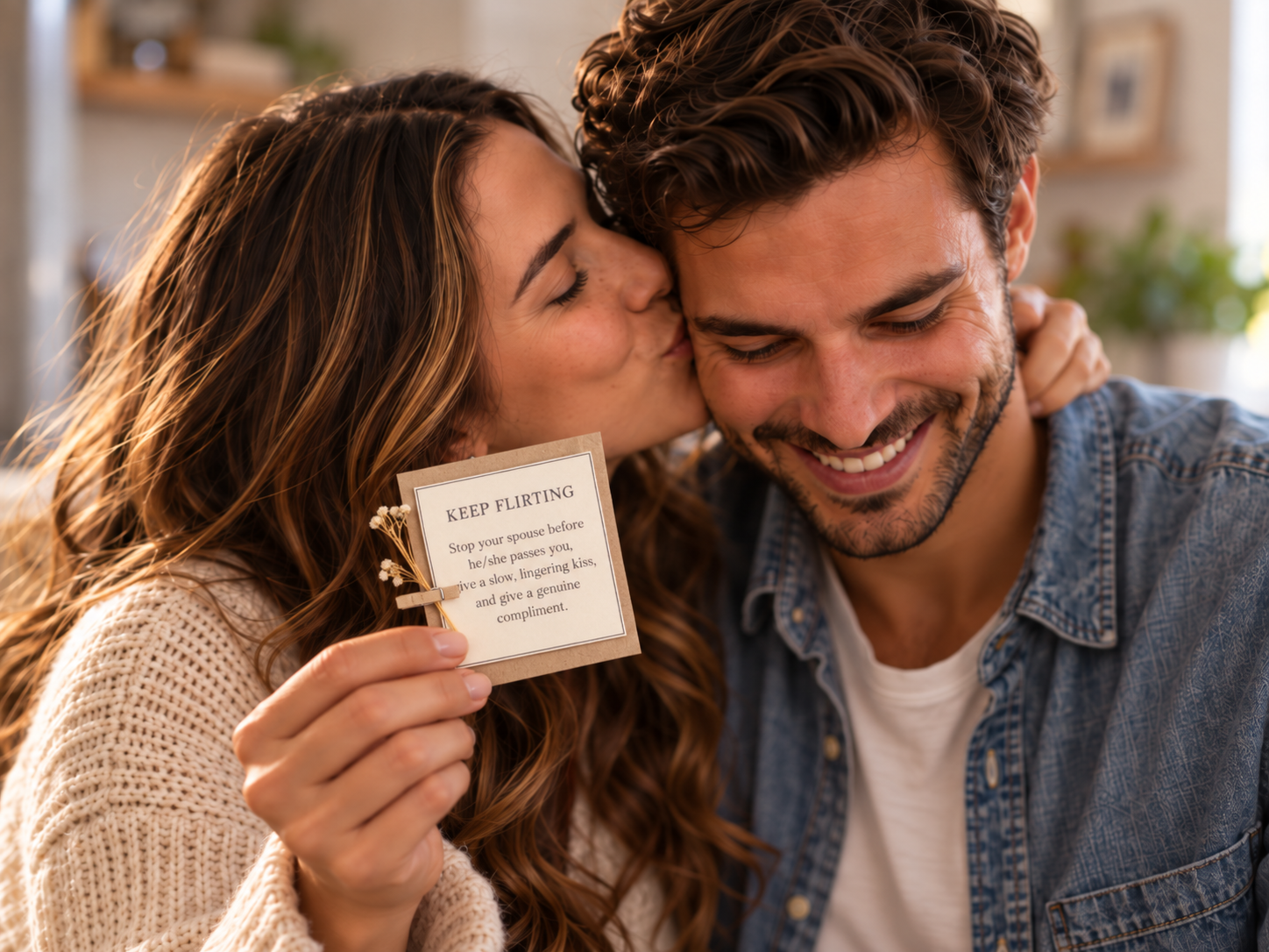 A couple sharing a moment with a Keep Flirting card