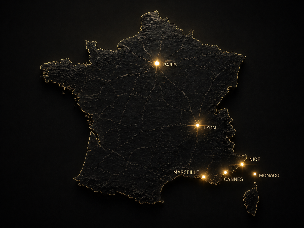 TOPTOUR France coverage map — Paris, Lyon, Marseille, Cannes, Nice, Monaco