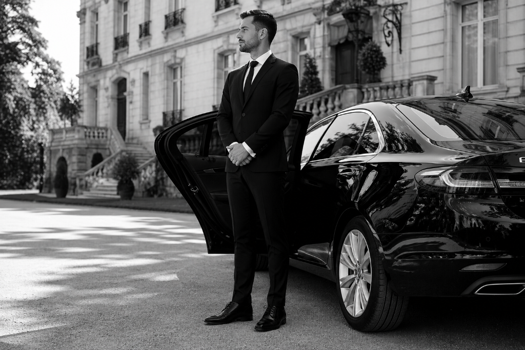 Professional TOPTOUR chauffeur standing beside a luxury vehicle