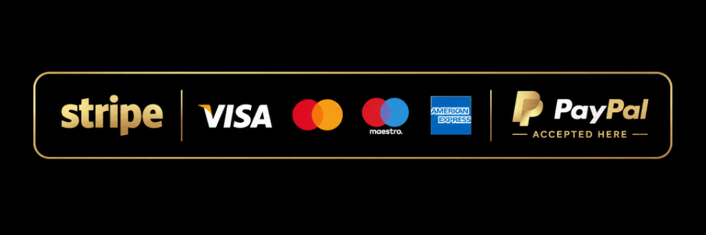 Stripe, Visa, Mastercard, Maestro, American Express, PayPal — accepted here