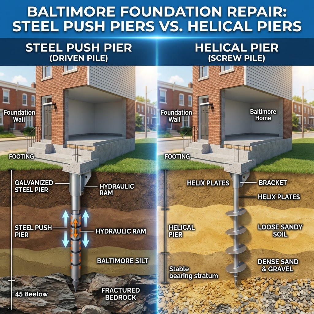 Helical Piers vs. Push Piers Baltimore: Foundation Guide