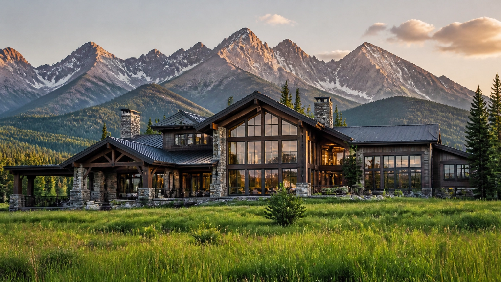 Modern luxury mountain home with stone and wood, backed by snow-capped peaks