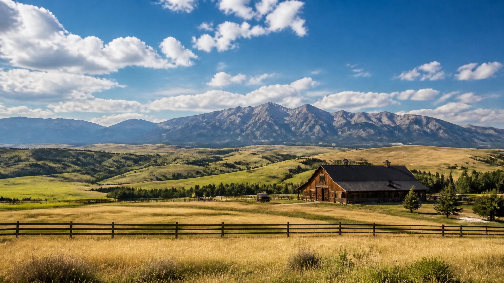 Rustic barn and ranch property with mountain peaks and golden grassland