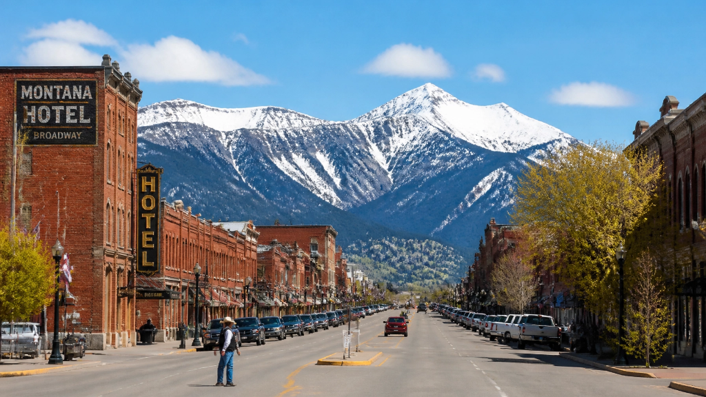 Montana small town main street with mountains