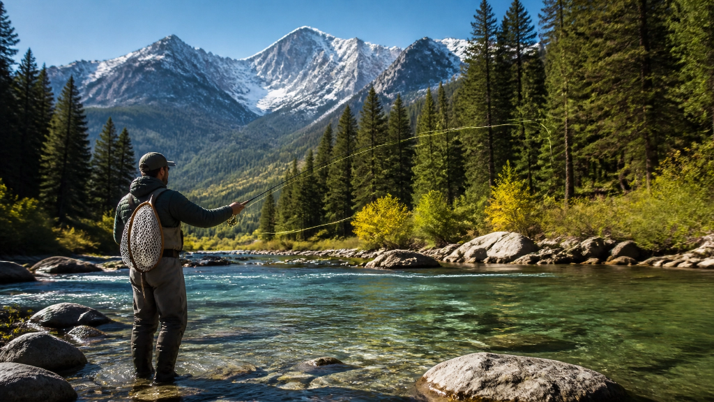 Fly fisherman in mountain stream with snow-capped peaks and forest backdrop