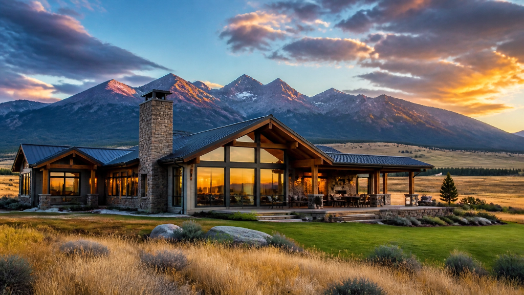 Montana home with mountain backdrop at sunset