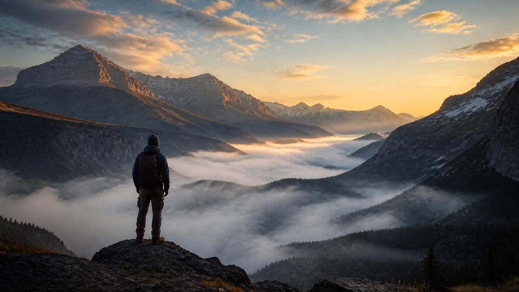 Hiker overlooking misty Montana mountain valley at sunrise