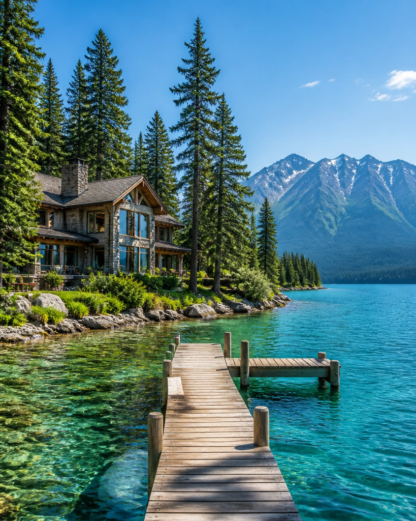 Montana lakefront home with dock and mountains