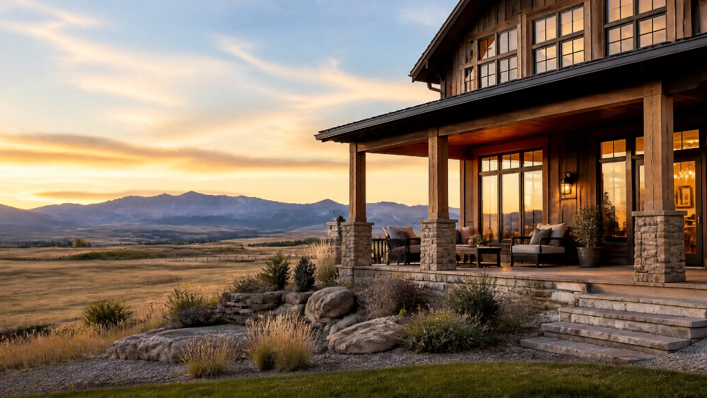 Montana home at sunset with mountain views