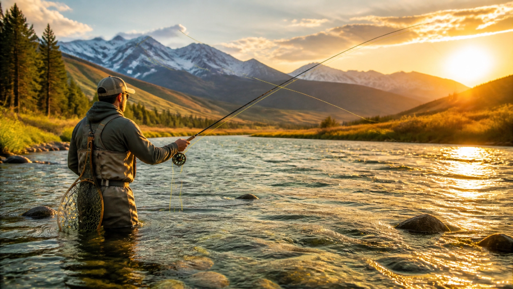 Fly fishing on a Montana river at sunset