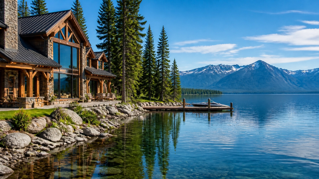 Montana lakefront log home with mountain backdrop