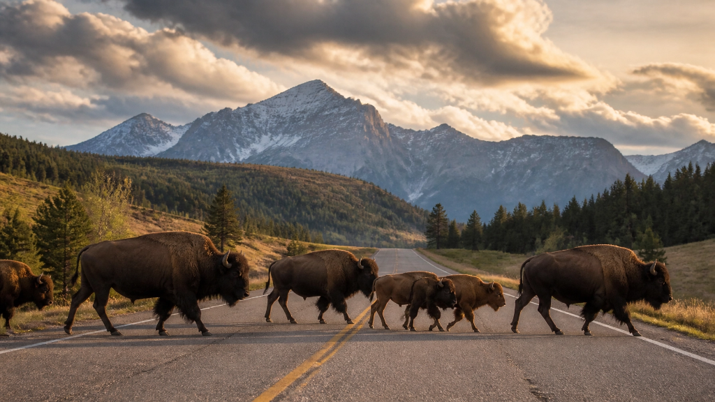 Bison crossing a Montana road