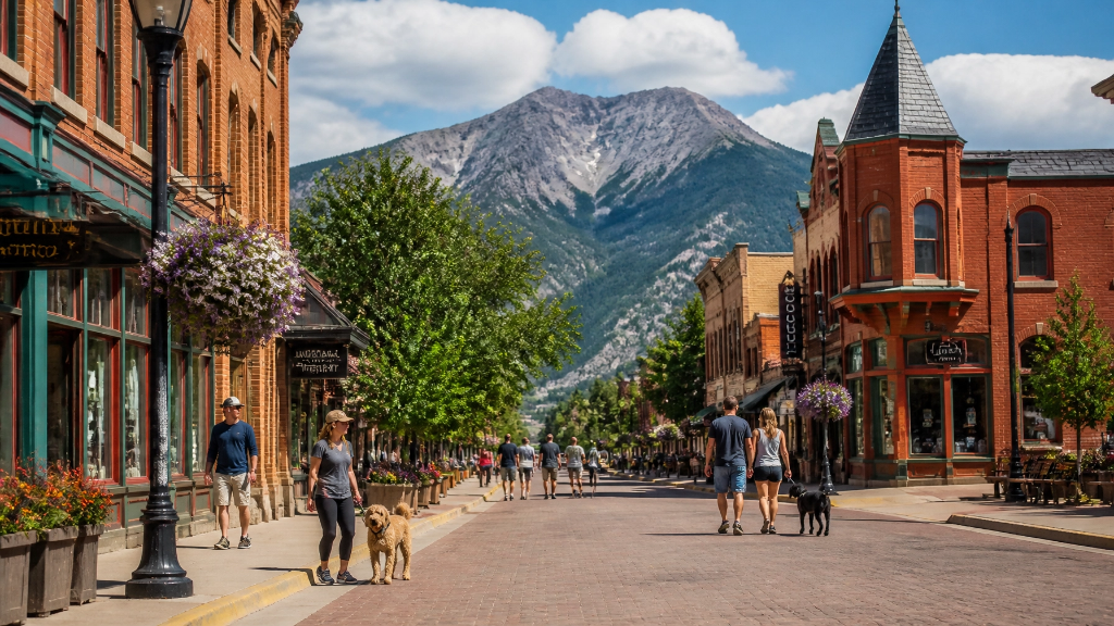 Montana mountain town main street with historic architecture