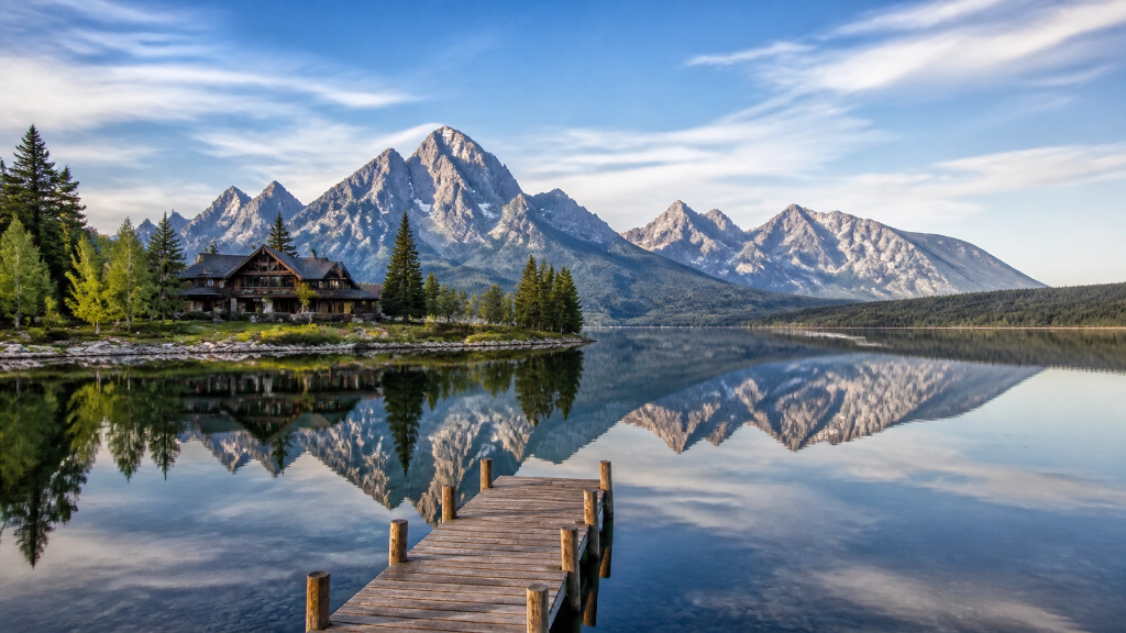 Mountain lake cabin with perfect reflection and dock at sunrise