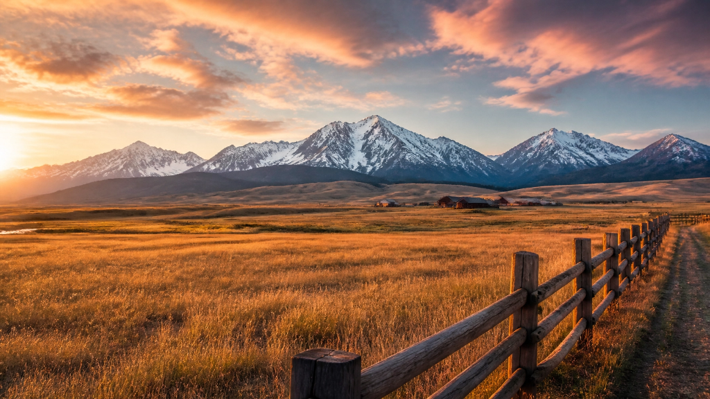 Montana ranch with snow-capped mountains at sunset
