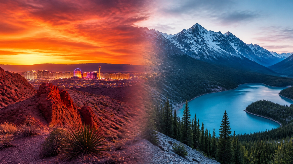 Las Vegas at night vs Montana mountain landscape