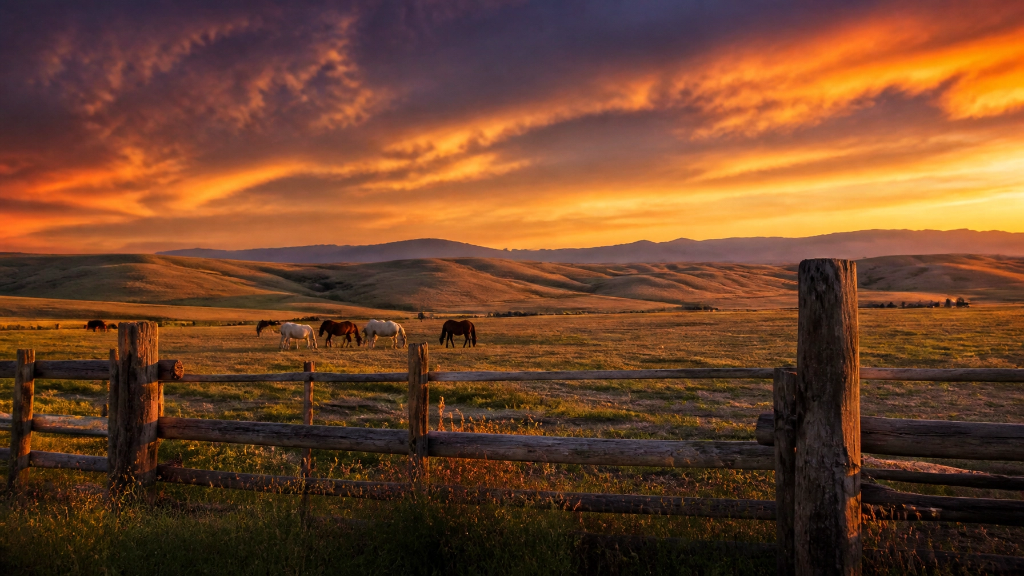 Montana ranch at sunset with horses grazing