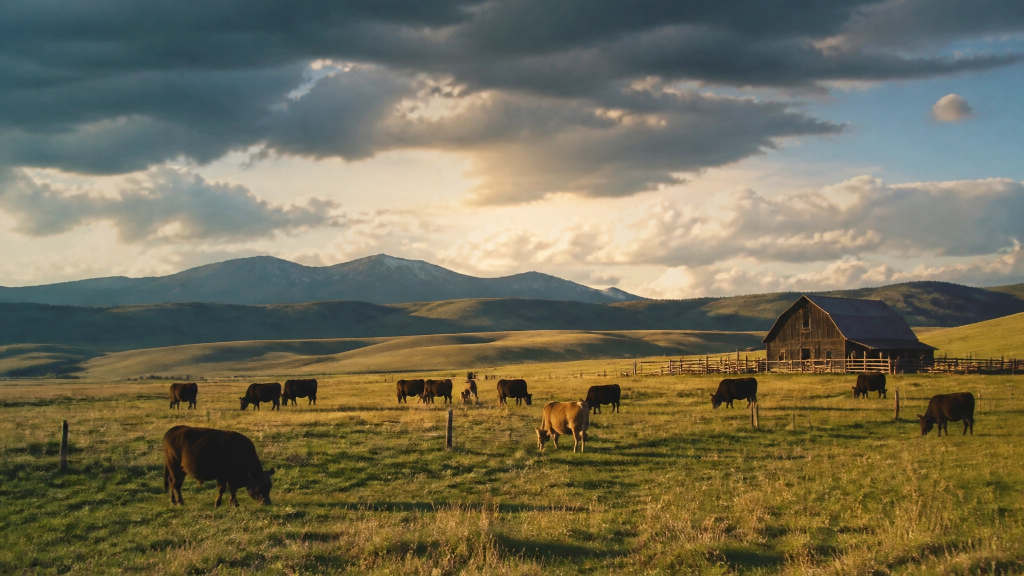 Montana ranch with cattle and mountains