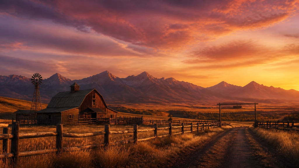 Rustic Montana ranch at golden sunset with barn, windmill and mountains