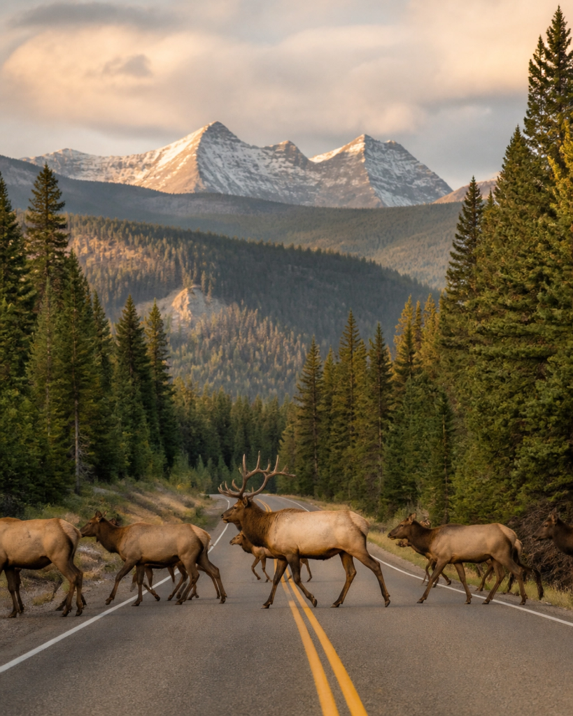 Elk crossing a Montana mountain road