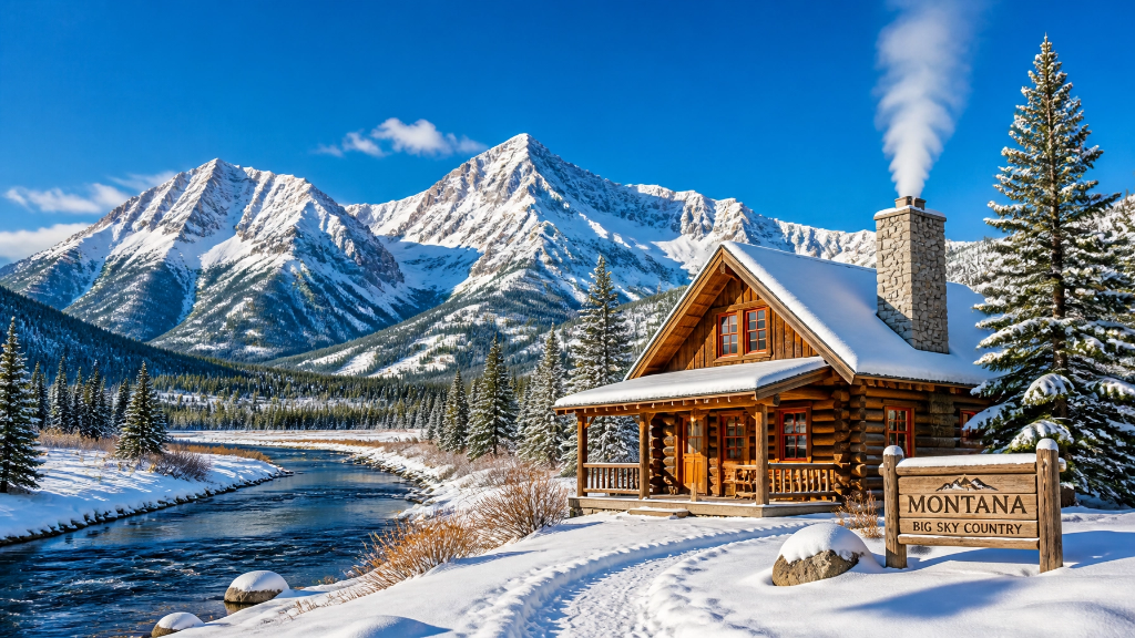 Montana log cabin in winter with mountains