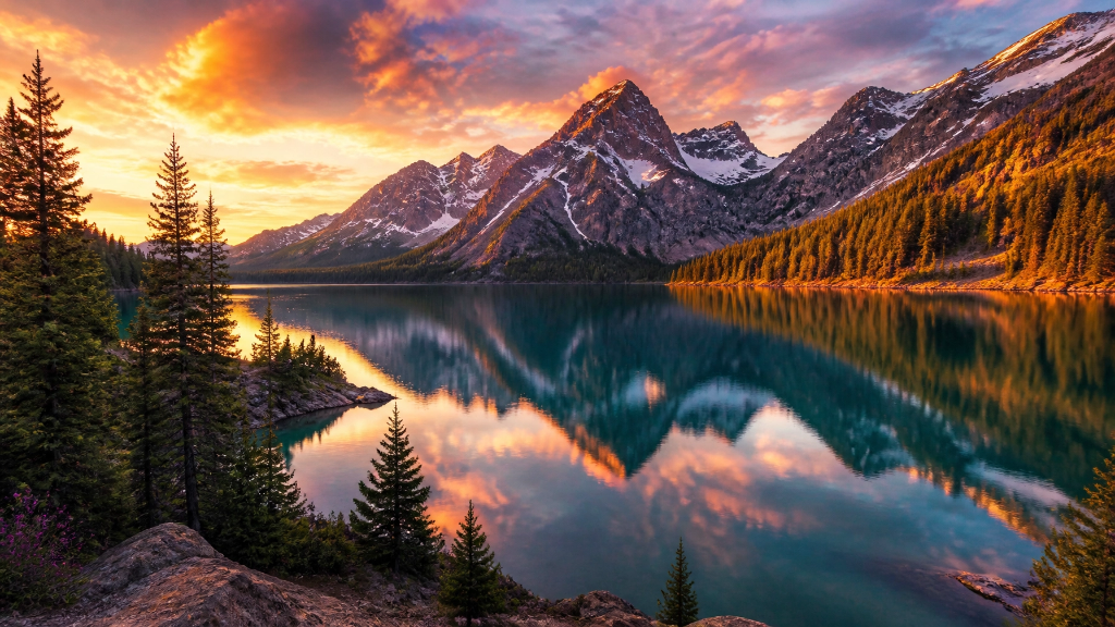Alpine lake surrounded by mountains and golden larch trees at sunset