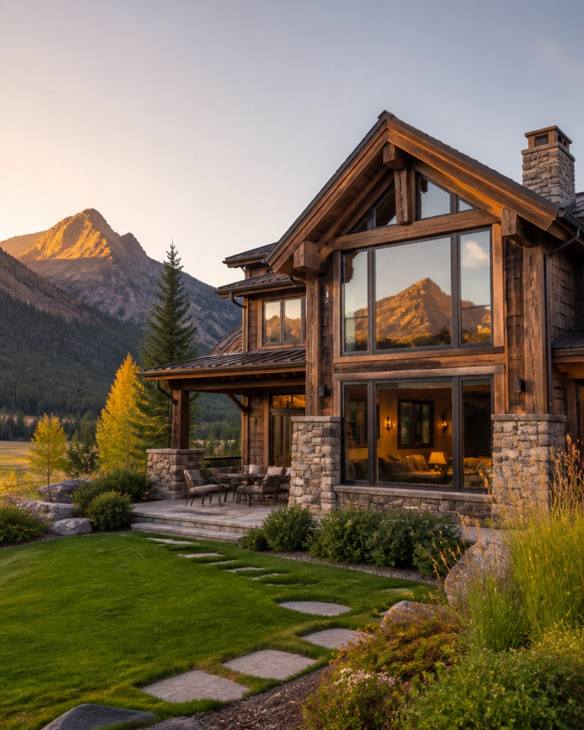 Modern luxury Montana mountain home at sunset