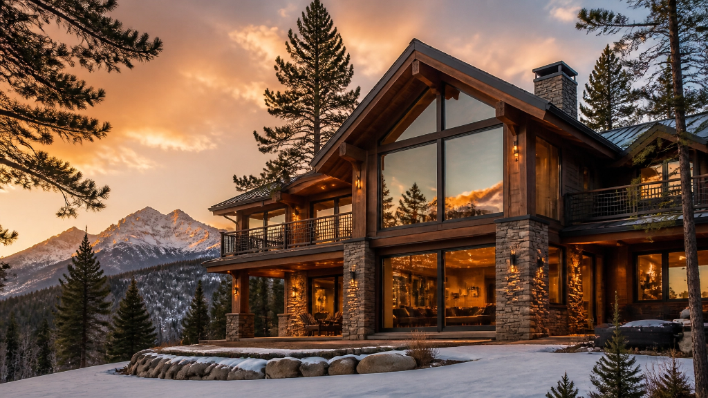 Modern luxury mountain home with expansive views at sunset
