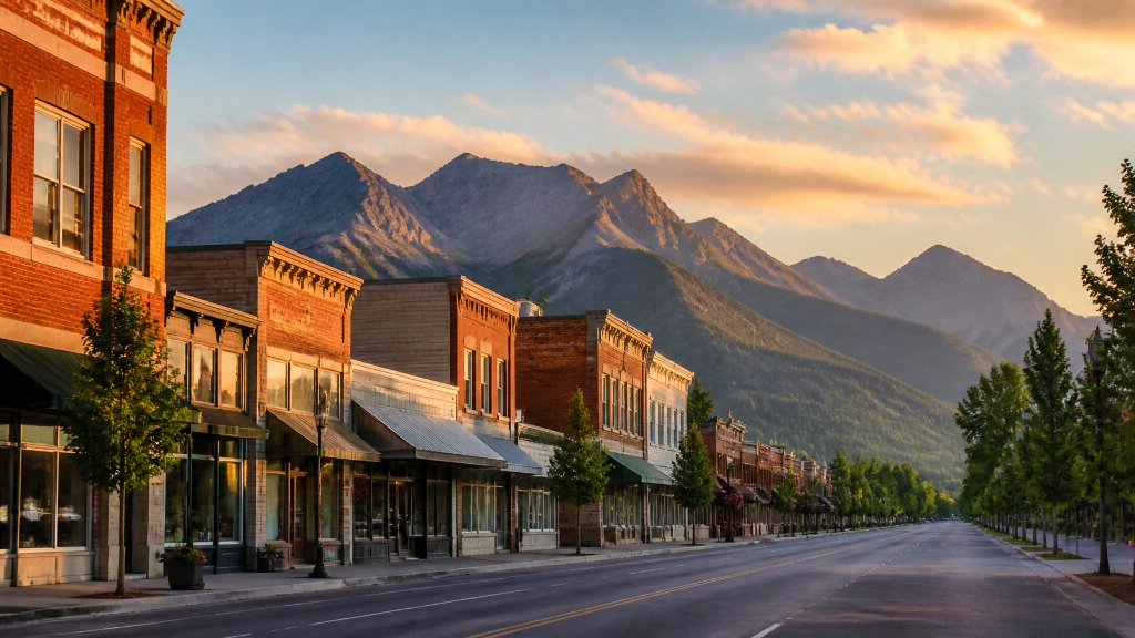 Historic Montana main street with mountain backdrop