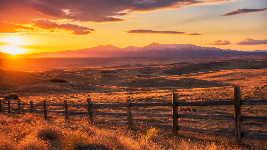 Golden sunset over Montana ranch landscape with mountains