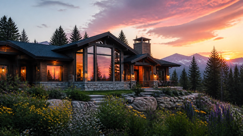 Luxury Montana mountain lodge at sunset