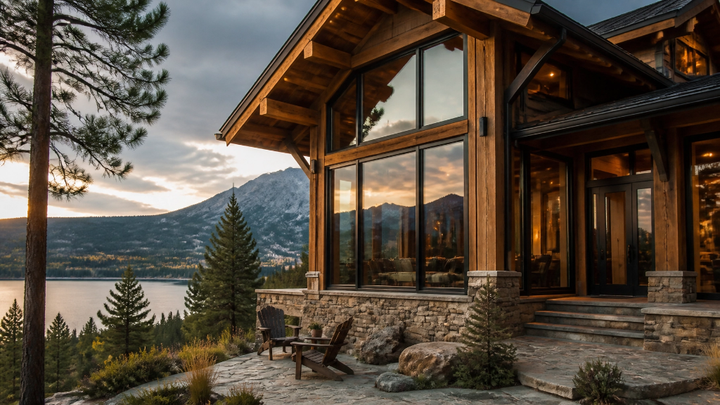 Montana lakefront timber frame home at sunset