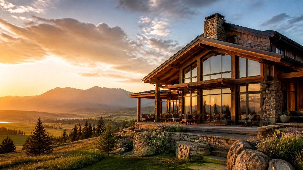 Montana luxury home at sunset with mountain views