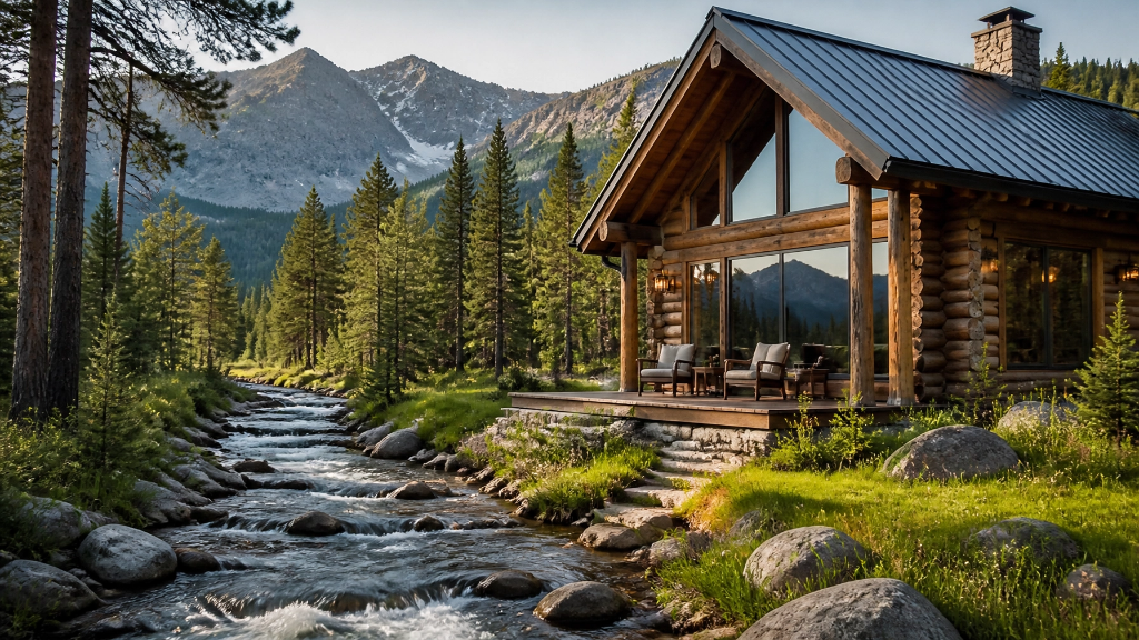 Log cabin by Montana mountain stream