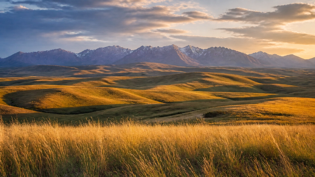 Scenic Montana mountain landscape with golden grass and forest