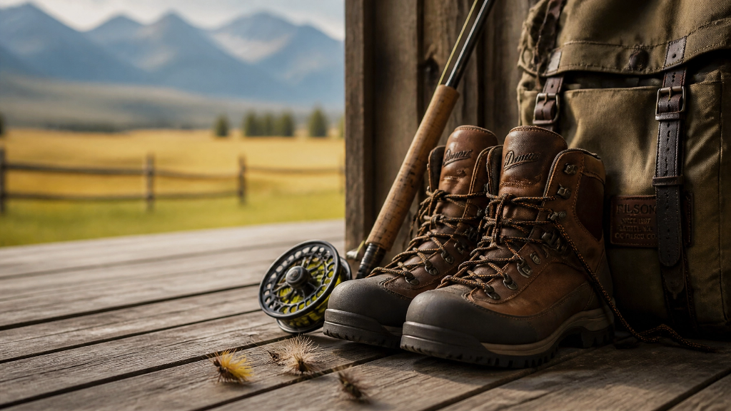 Montana fly fishing gear and boots on a ranch porch