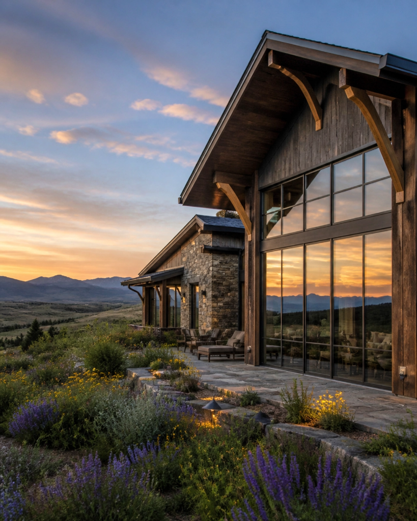 Modern Montana mountain home at sunset