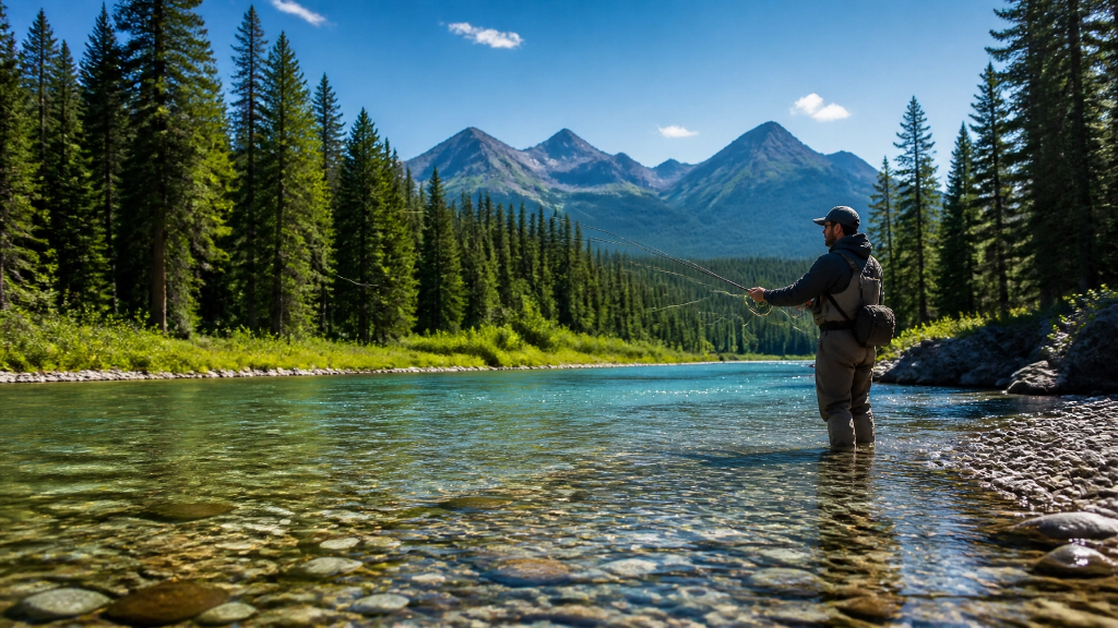 Fly fisherman casting in crystal-clear mountain stream with alpine peaks and forest