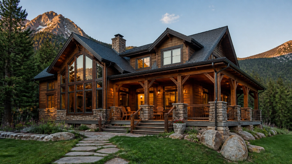 Modern luxury mountain home with stone pillars, expansive deck, and alpine peaks