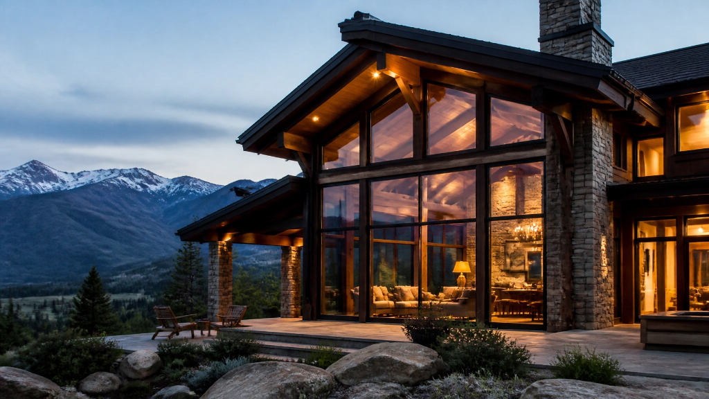 Luxury Montana timber frame home with mountain views at dusk