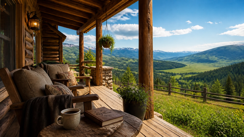 Rustic log cabin porch with comfortable seating overlooking vast Montana mountain valley views