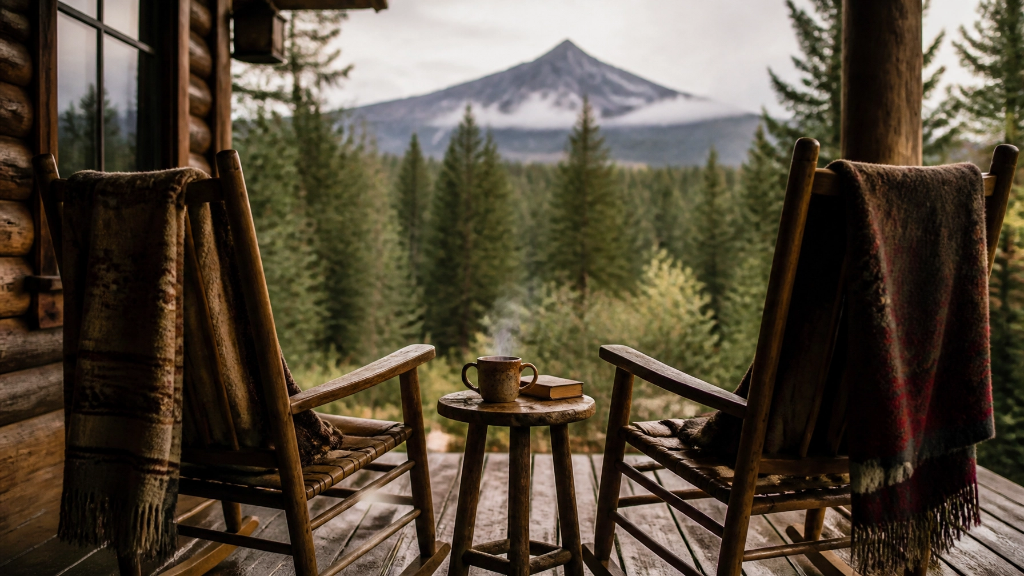 Montana cabin porch with forest and mountain view