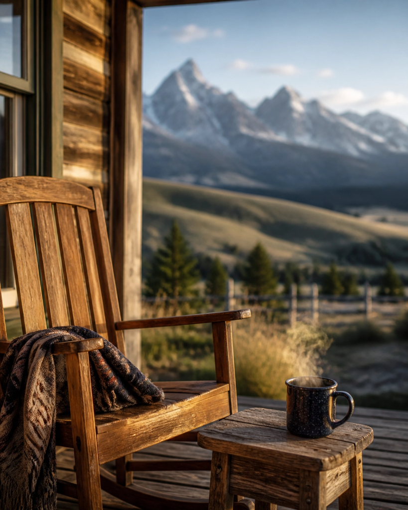 Mountain view from rustic cabin porch with coffee