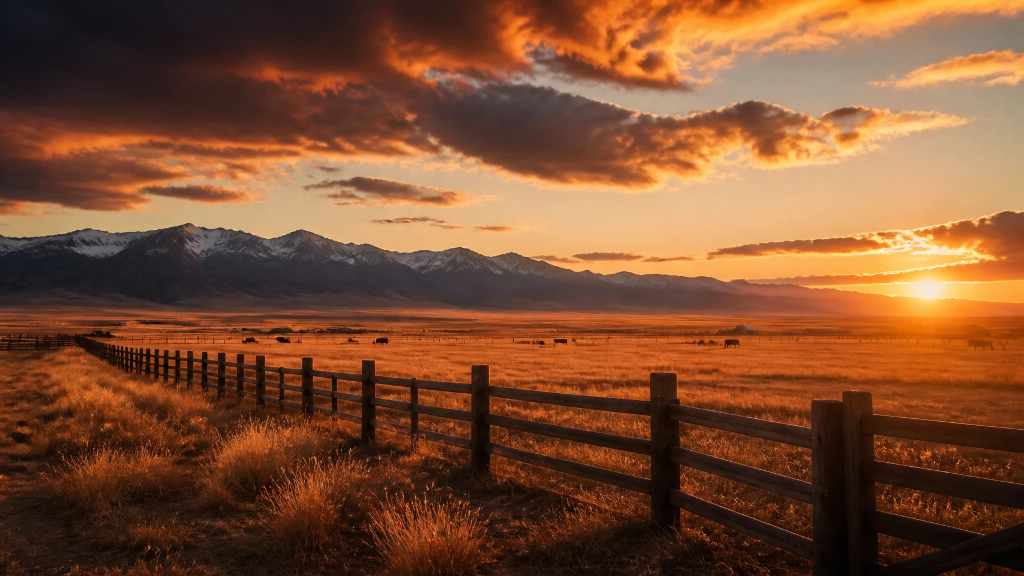 Montana ranch at sunset with mountain backdrop