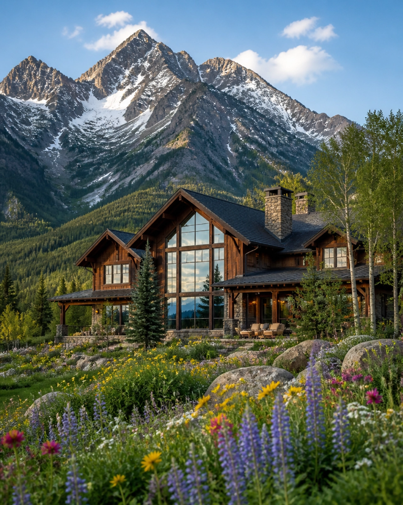Luxury Montana mountain home with wildflowers