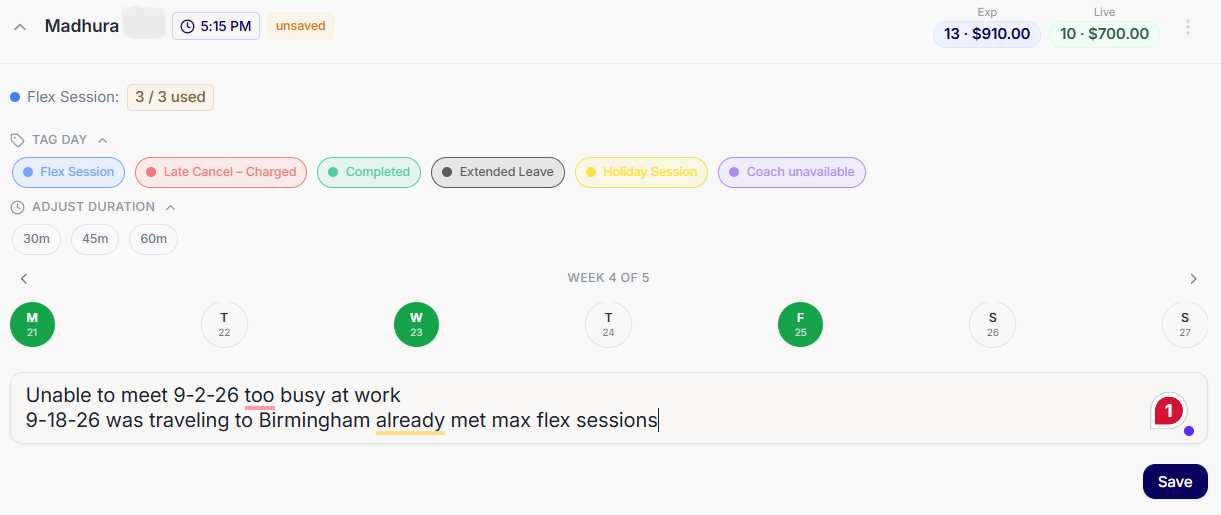 Tracking a client's sessions, flex-session allowance, and color-coded day tags in PT Biz