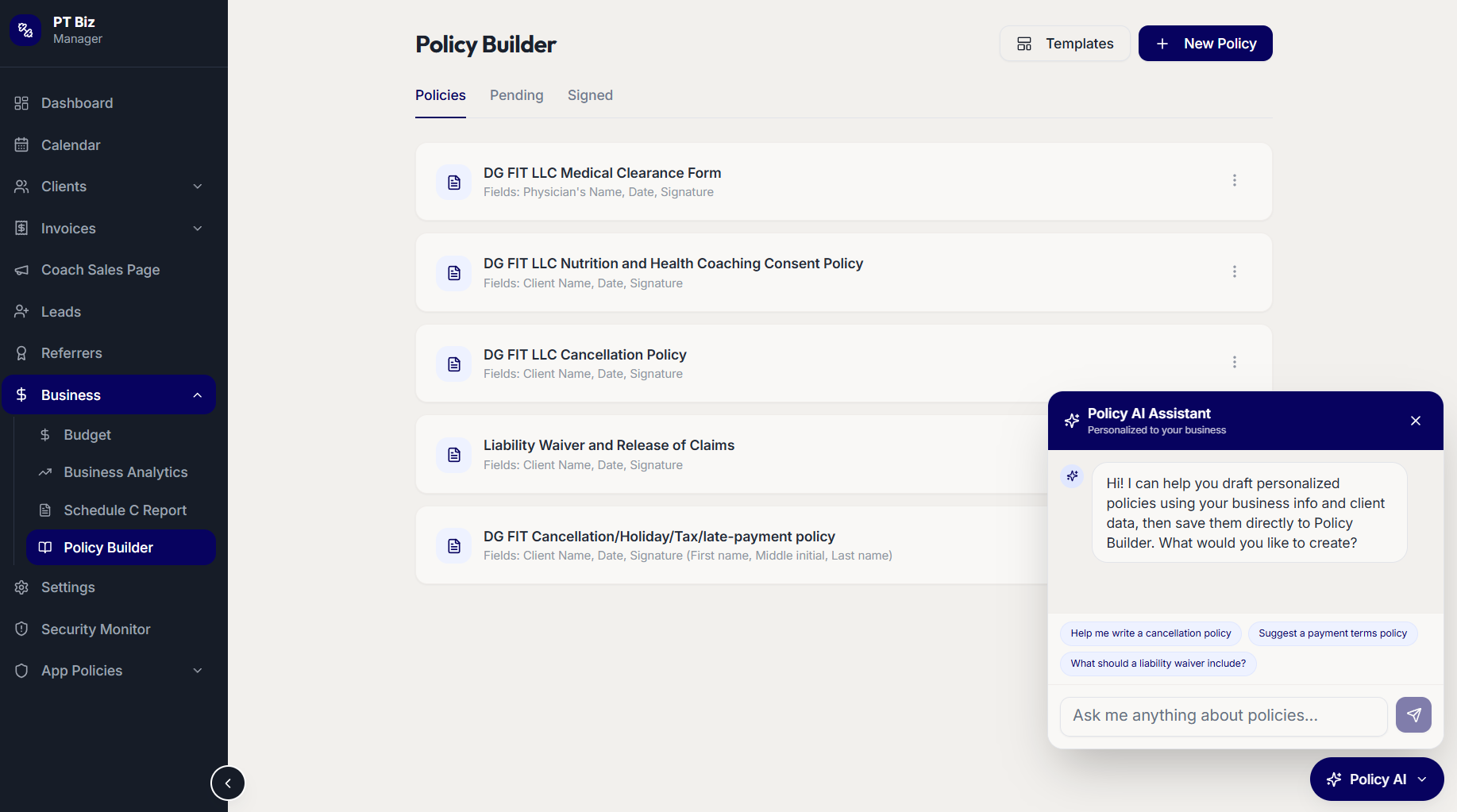Policy Builder listing policies and signature fields, with the Policy AI assistant